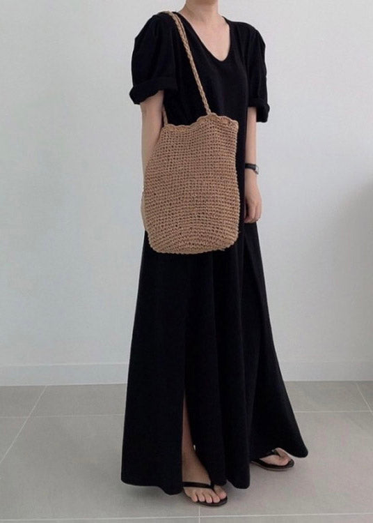 Black Side Open Knit Maxi Dress Long Sleeve LY2104 - fabuloryshop