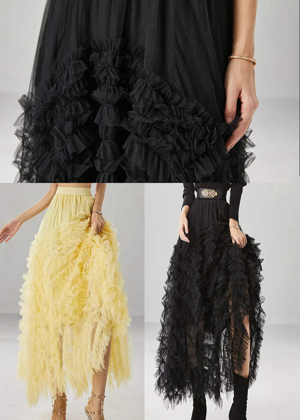 Black Silm Fit Tulle A Line Skirt Ruffled High Waist Fall Ada Fashion