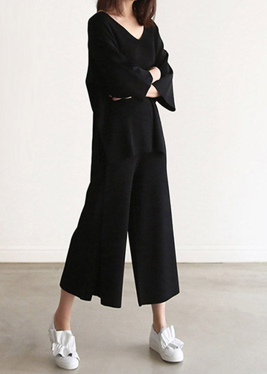 Black Solid Knit Top And Wide Leg Pants Two Pieces Set Spring LY2078