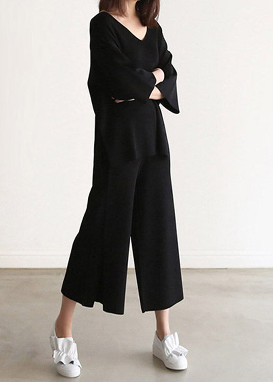 Black Solid Knit Top And Wide Leg Pants Two Pieces Set Spring LY2078 - fabuloryshop