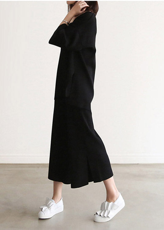 Black Solid Knit Top And Wide Leg Pants Two Pieces Set Spring LY2078