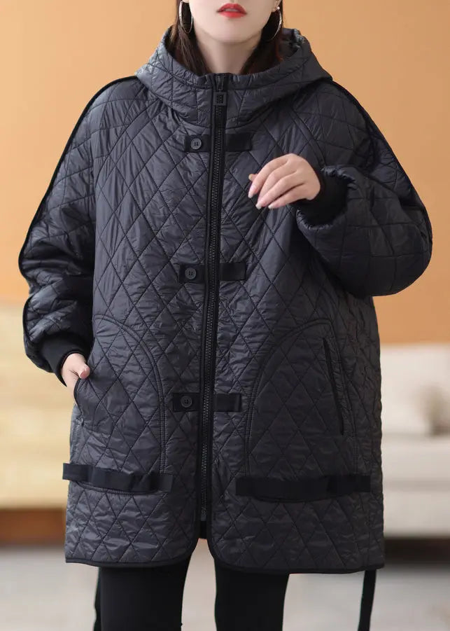 Black Solid Patchwork Thick Parka Zip Up Long Sleeve Ada Fashion