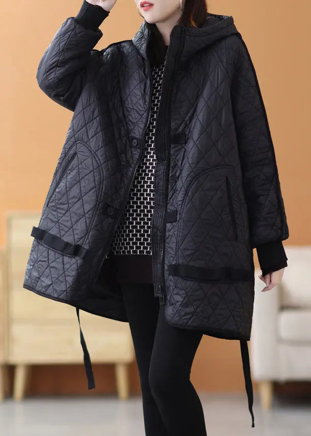 Black Solid Patchwork Thick Parka Zip Up Long Sleeve Ada Fashion