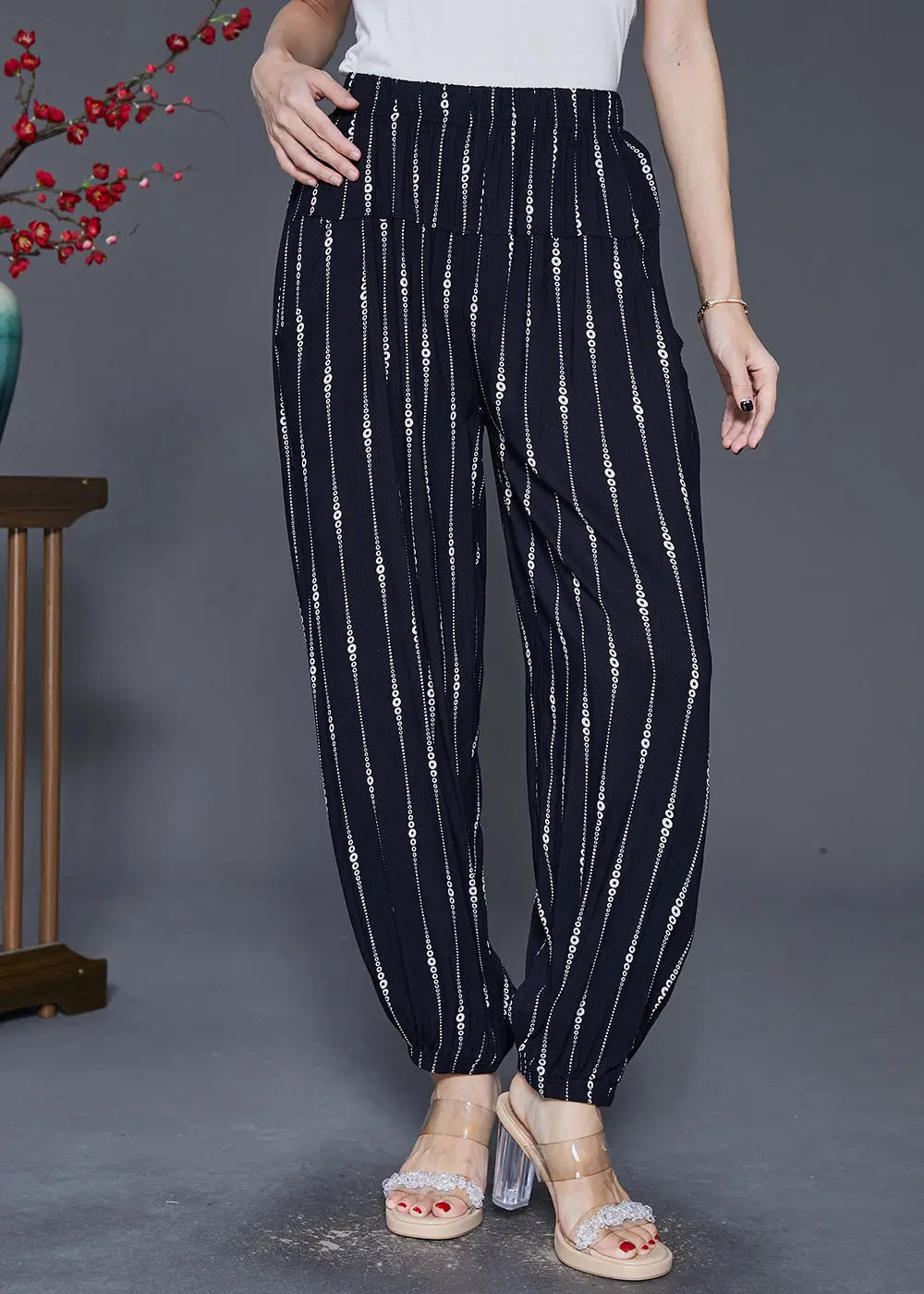 Black Striped Cotton Harem Pants Oversized Elastic Waist Fall Ada Fashion