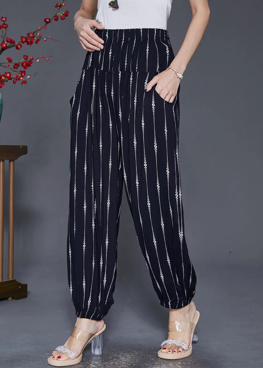 Black Striped Cotton Harem Pants Oversized Elastic Waist Fall Ada Fashion