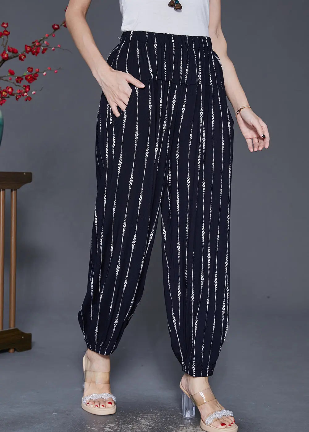 Black Striped Cotton Harem Pants Oversized Elastic Waist Fall Ada Fashion