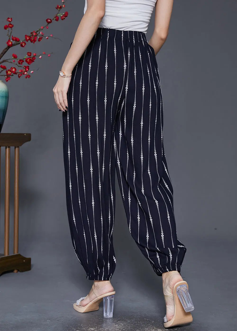 Black Striped Cotton Harem Pants Oversized Elastic Waist Fall Ada Fashion