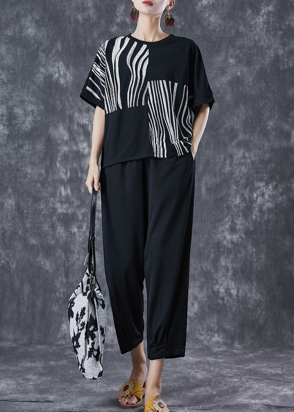 Black Striped Cotton Two Pieces Set Asymmetrical Summer LY6785 - fabuloryshop