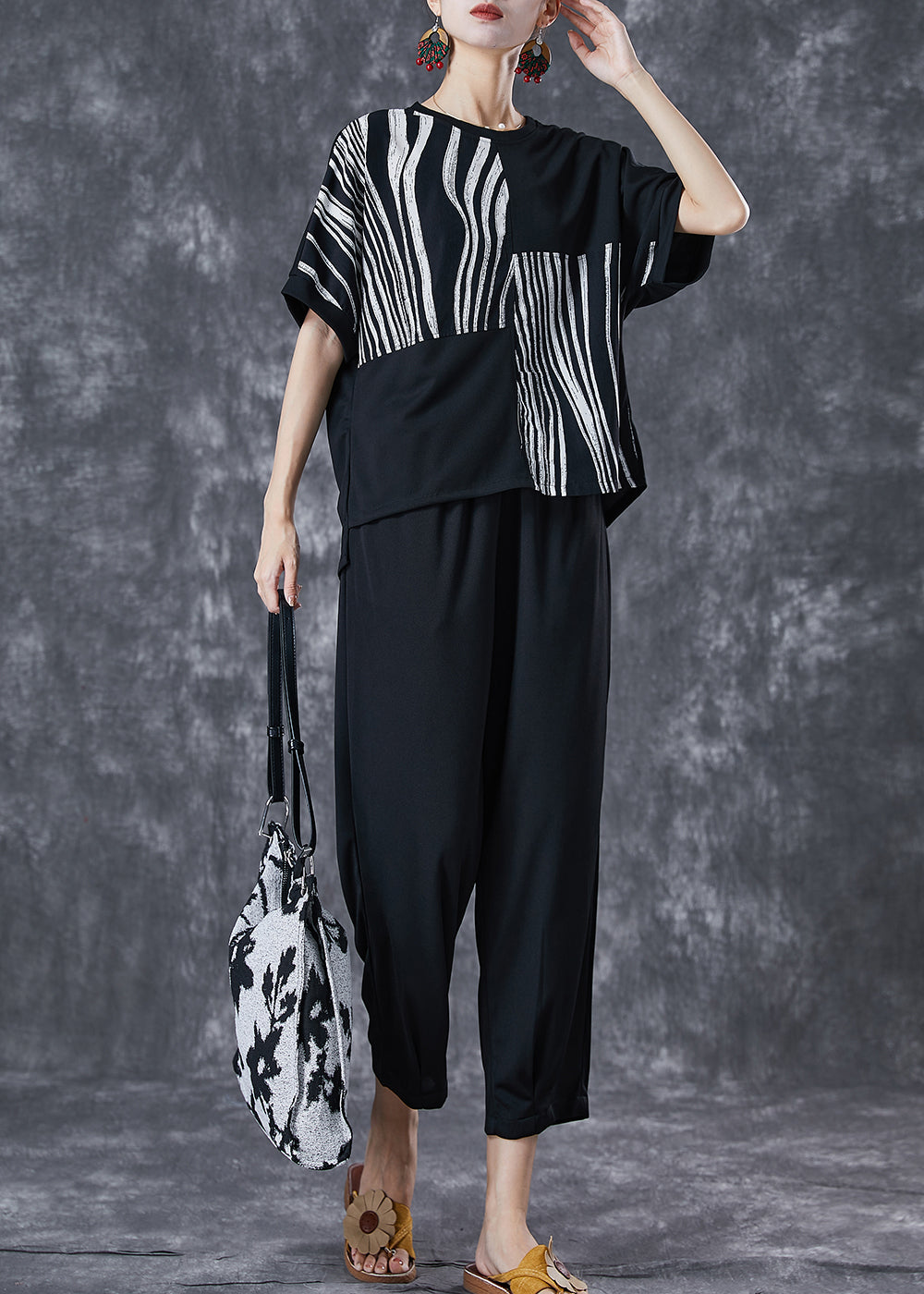 Black Striped Cotton Two Pieces Set Asymmetrical Summer LY6785 - fabuloryshop