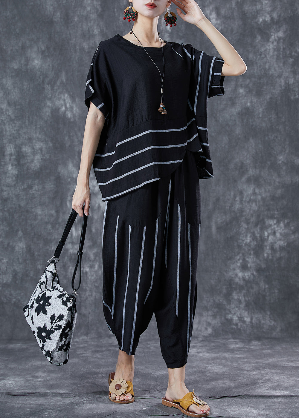 Black Striped Linen Two Pieces Set Oversized Asymmetrical Design Summer LY5642 - fabuloryshop