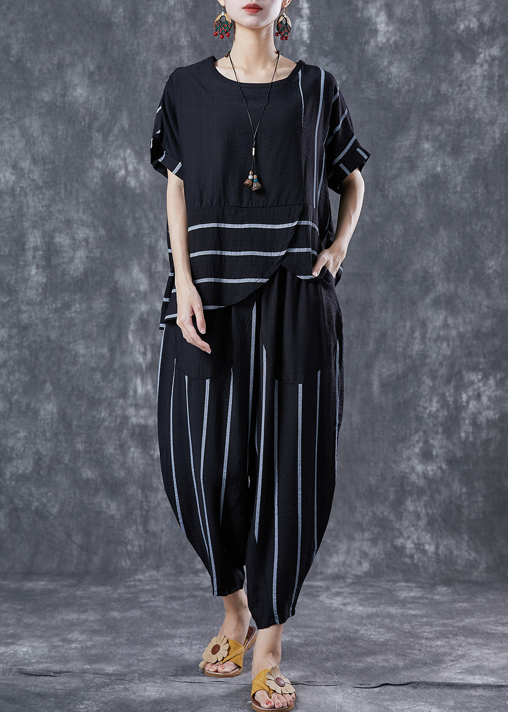 Black Striped Linen Two Pieces Set Oversized Asymmetrical Design Summer LY5642 - fabuloryshop