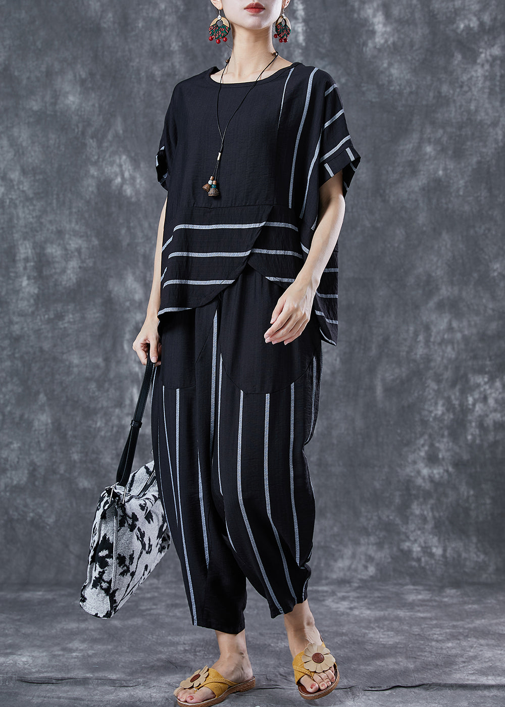 Black Striped Linen Two Pieces Set Oversized Asymmetrical Design Summer LY5642 - fabuloryshop