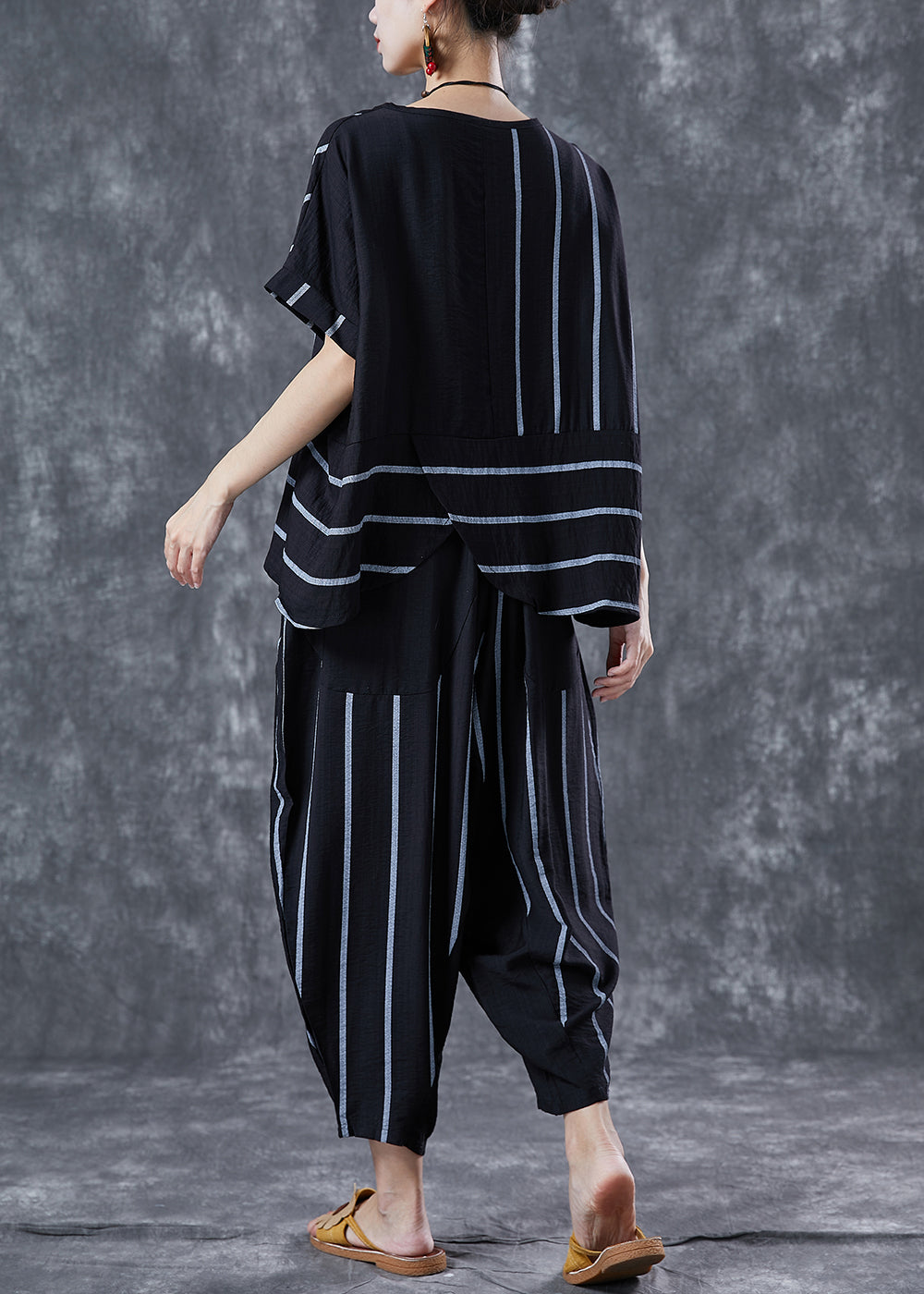 Black Striped Linen Two Pieces Set Oversized Asymmetrical Design Summer LY5642 - fabuloryshop