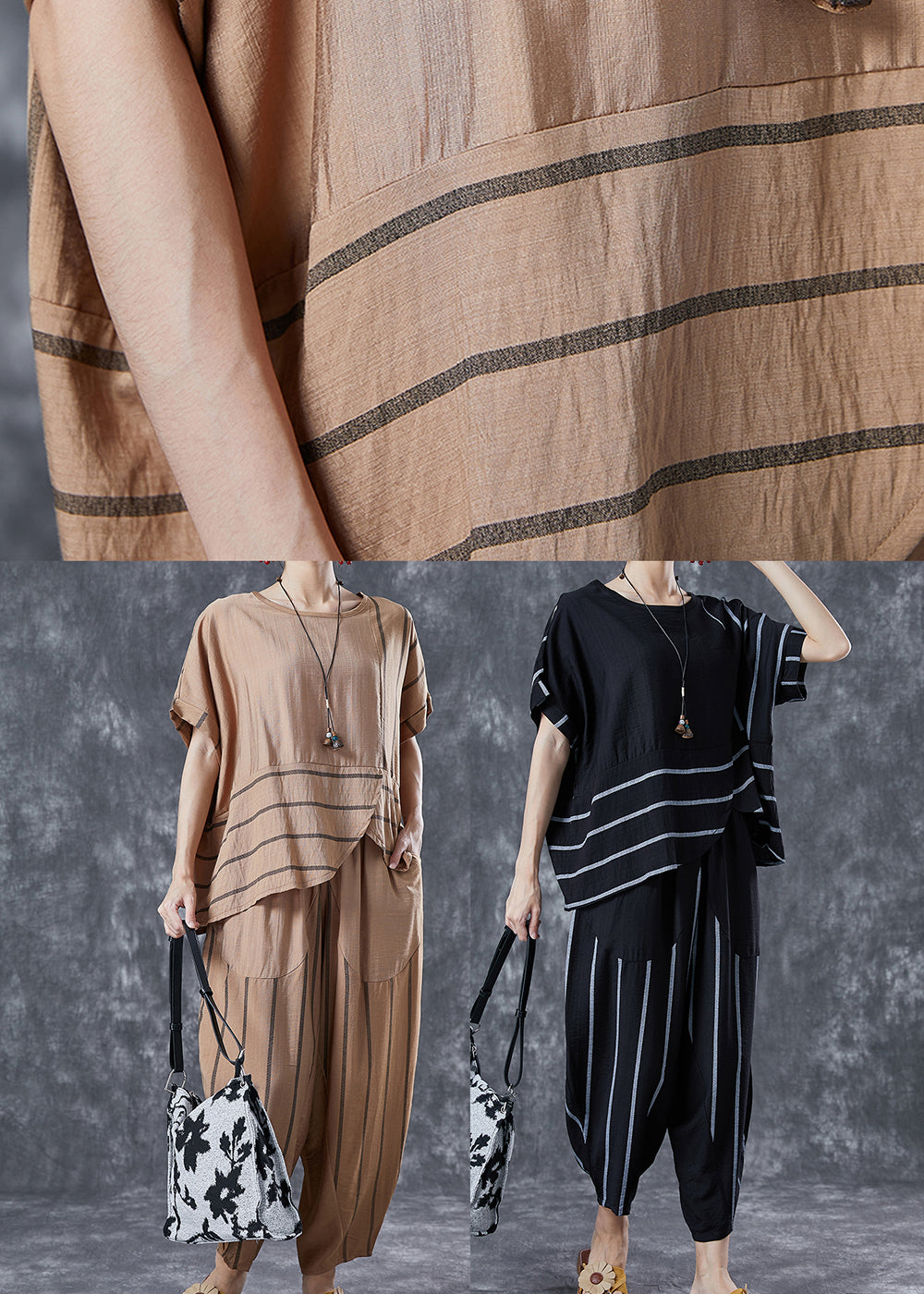 Black Striped Linen Two Pieces Set Oversized Asymmetrical Design Summer LY5642 - fabuloryshop