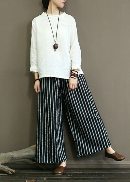 Black Striped Linen Wide Leg Pants Elastic Waist Oversized Summer LY1488 - fabuloryshop