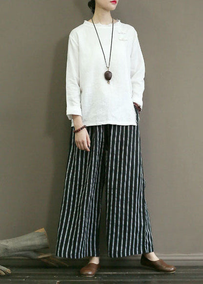 Black Striped Linen Wide Leg Pants Elastic Waist Oversized Summer LY1488 - fabuloryshop