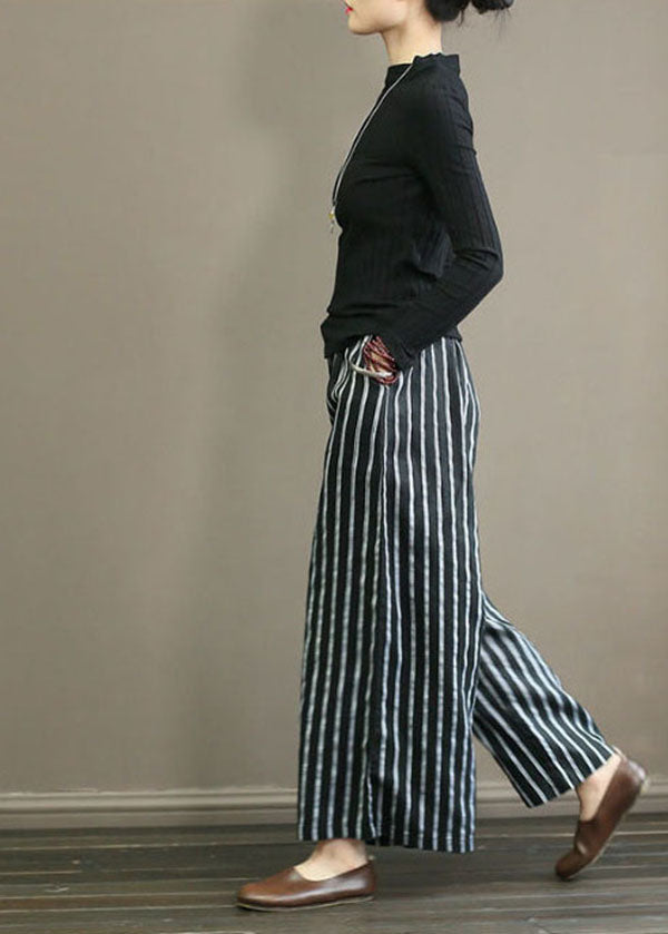 Black Striped Linen Wide Leg Pants Elastic Waist Oversized Summer LY1488 - fabuloryshop