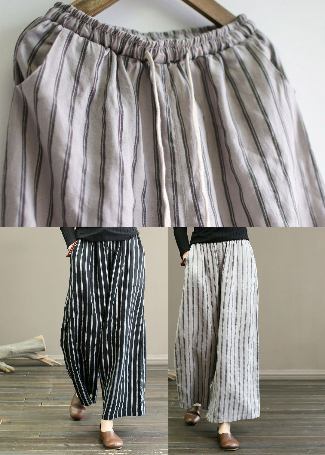 Black Striped Linen Wide Leg Pants Elastic Waist Oversized Summer LY1488 - fabuloryshop