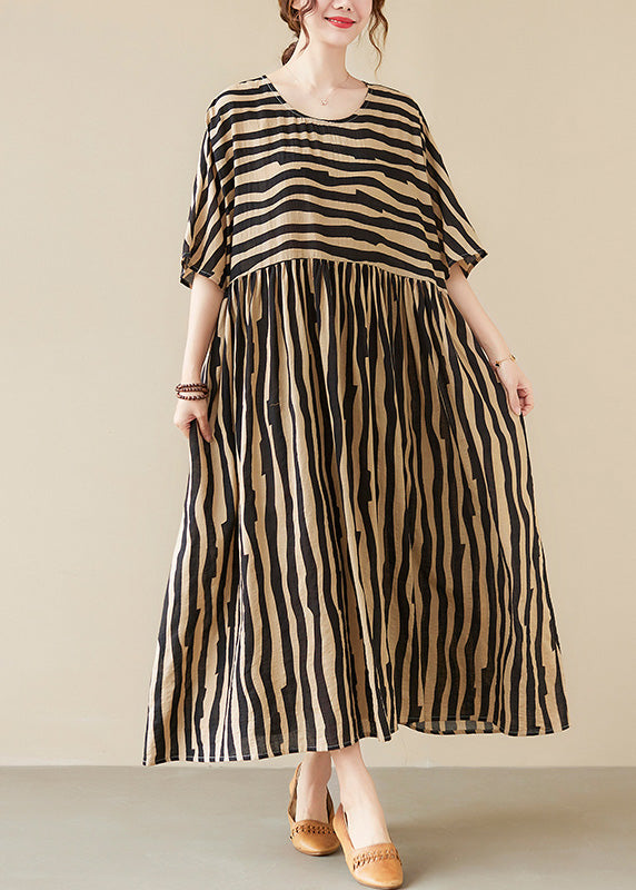 Black Striped Patchwork Wrinkled Maxi Dresses Summer TQ1002