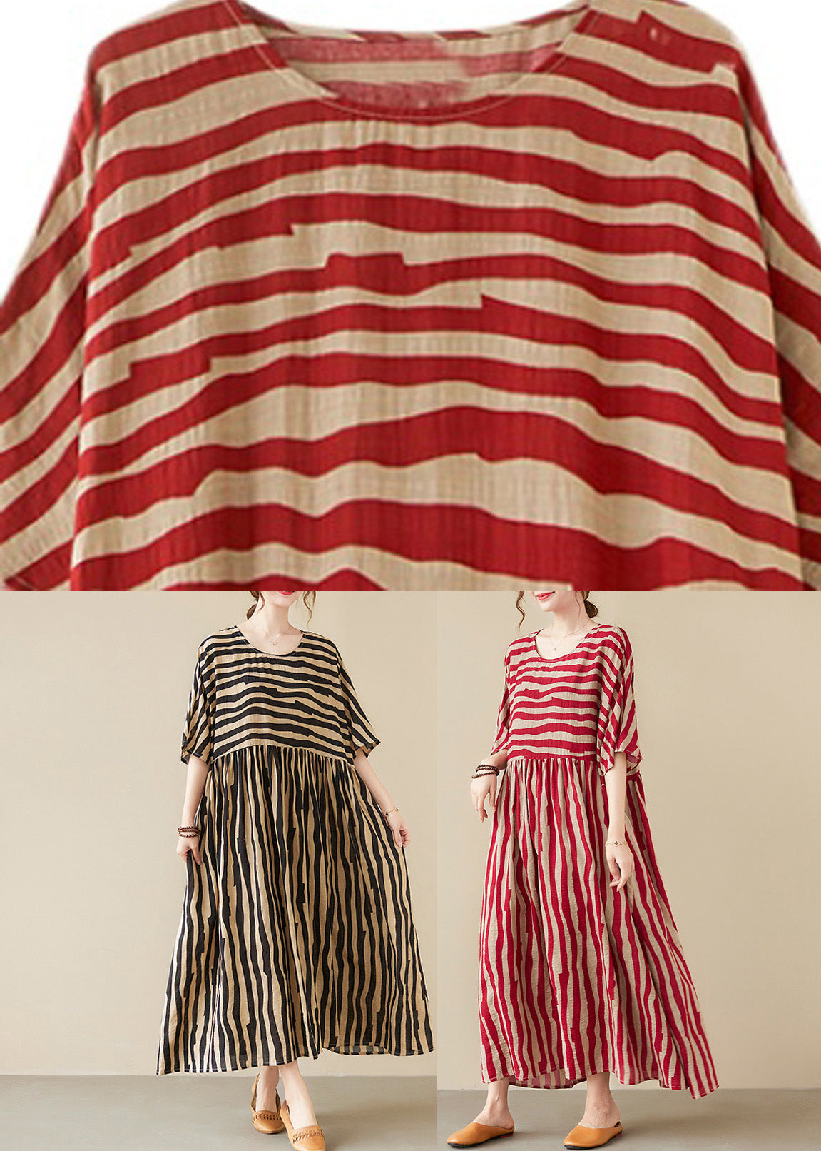 Black Striped Patchwork Wrinkled Maxi Dresses Summer TQ1002