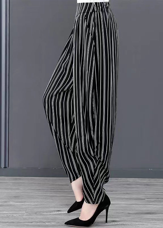 Black Striped Pockets Patchwork Chiffon Harem Pants Summer Ada Fashion