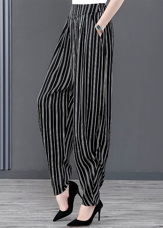 Black Striped Pockets Patchwork Chiffon Harem Pants Summer Ada Fashion