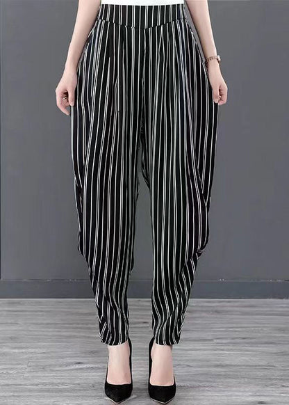 Black Striped Pockets Patchwork Chiffon Harem Pants Summer Ada Fashion