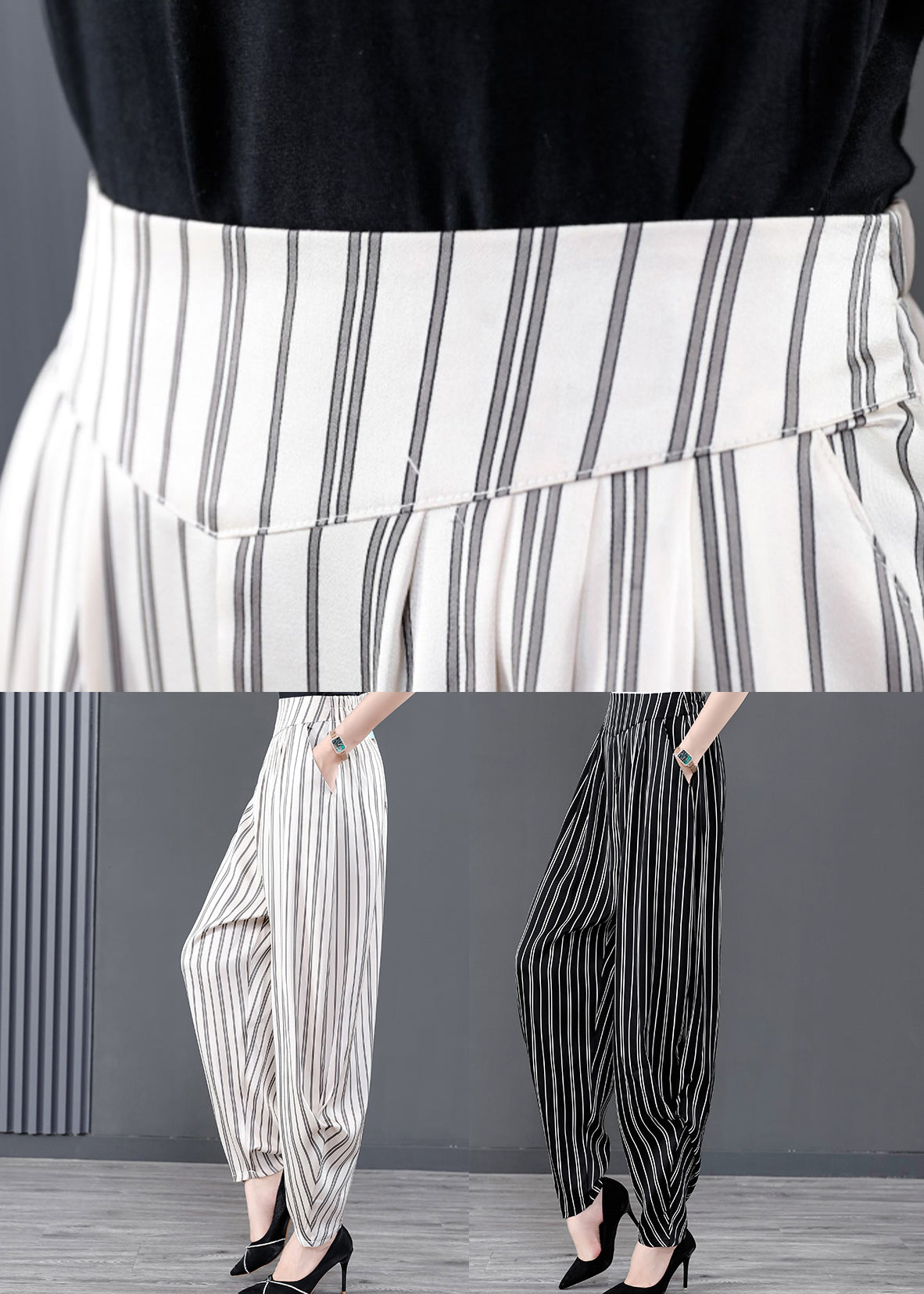 Black Striped Pockets Patchwork Chiffon Harem Pants Summer Ada Fashion