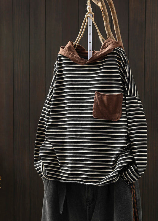 Black Striped Pockets Patchwork Cotton Blouse Tops Hooded Fall Ada Fashion