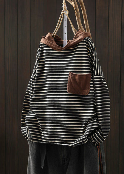 Black Striped Pockets Patchwork Cotton Blouse Tops Hooded Fall Ada Fashion