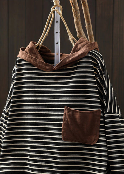 Black Striped Pockets Patchwork Cotton Blouse Tops Hooded Fall Ada Fashion