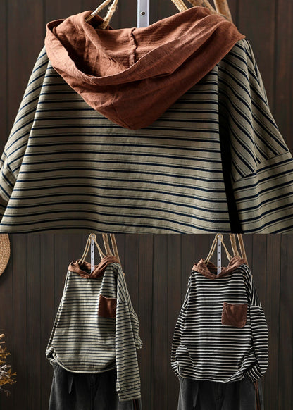 Black Striped Pockets Patchwork Cotton Blouse Tops Hooded Fall Ada Fashion