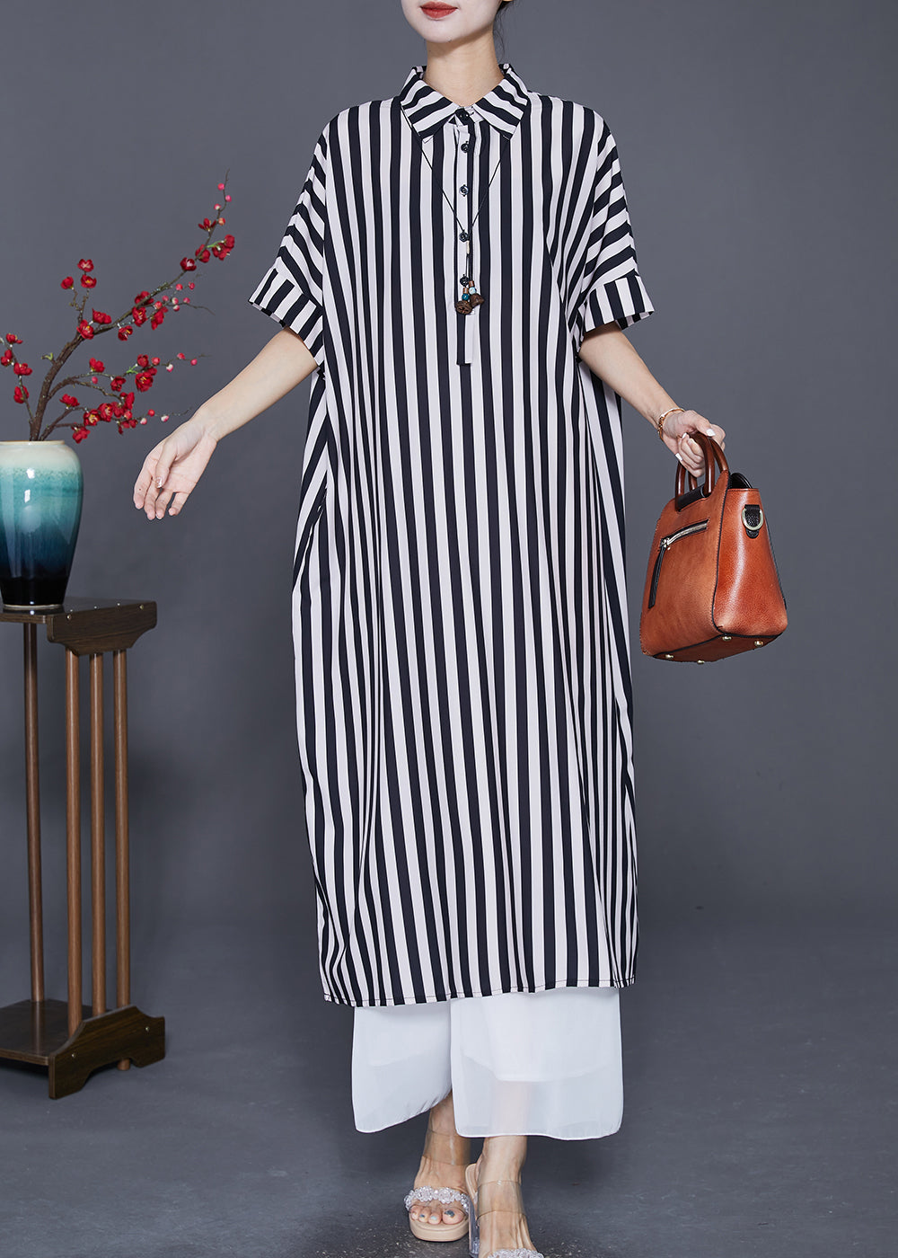 Black Striped Silk Maxi Dresses Oversized Peter Pan Collar Summer LY7711 Ada Fashion