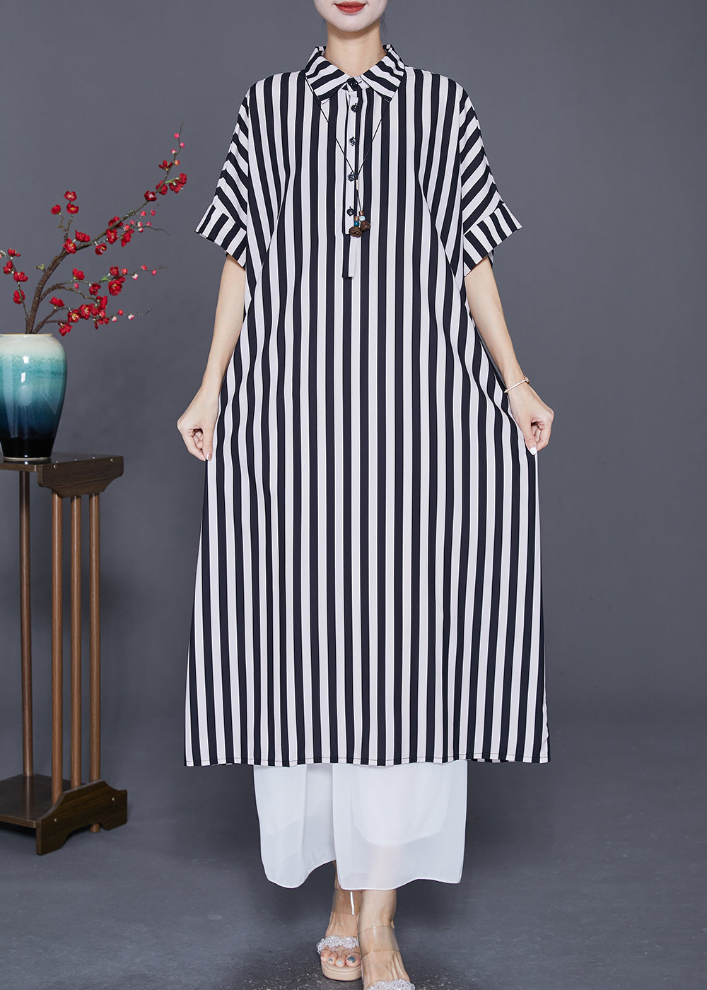 Black Striped Silk Maxi Dresses Oversized Peter Pan Collar Summer LY7711 Ada Fashion