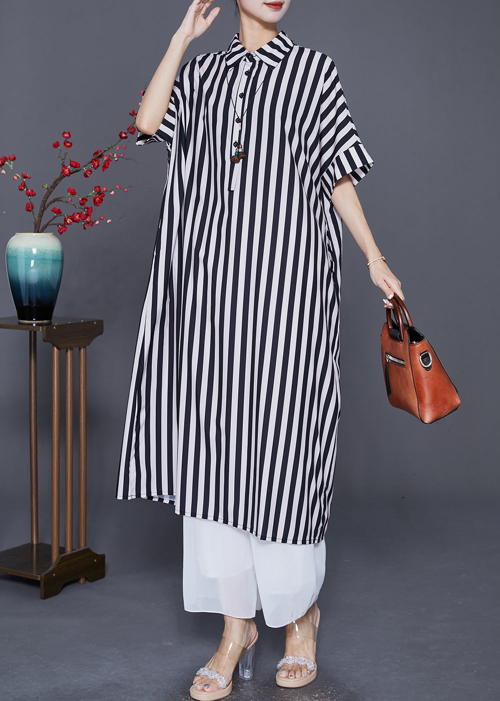 Black Striped Silk Maxi Dresses Oversized Peter Pan Collar Summer LY7711 Ada Fashion