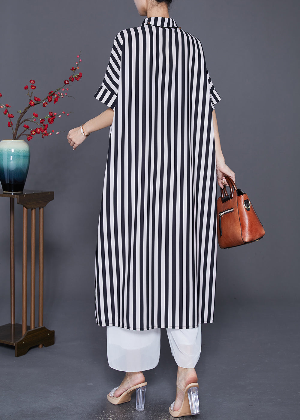 Black Striped Silk Maxi Dresses Oversized Peter Pan Collar Summer LY7711 Ada Fashion