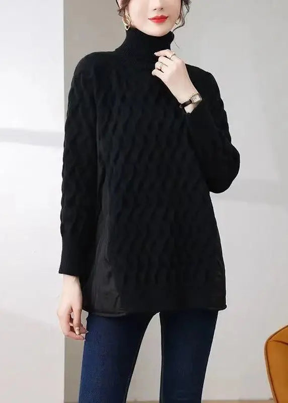 Black Thick Patchwork Knit Pullover Shirts Hign Neck Zip Up Winter Ada Fashion