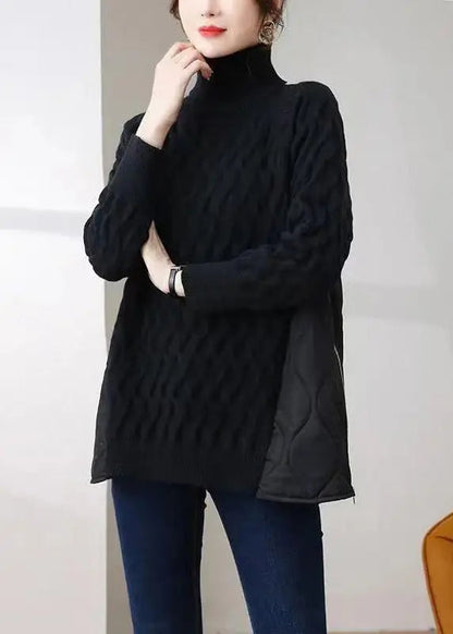 Black Thick Patchwork Knit Pullover Shirts Hign Neck Zip Up Winter Ada Fashion