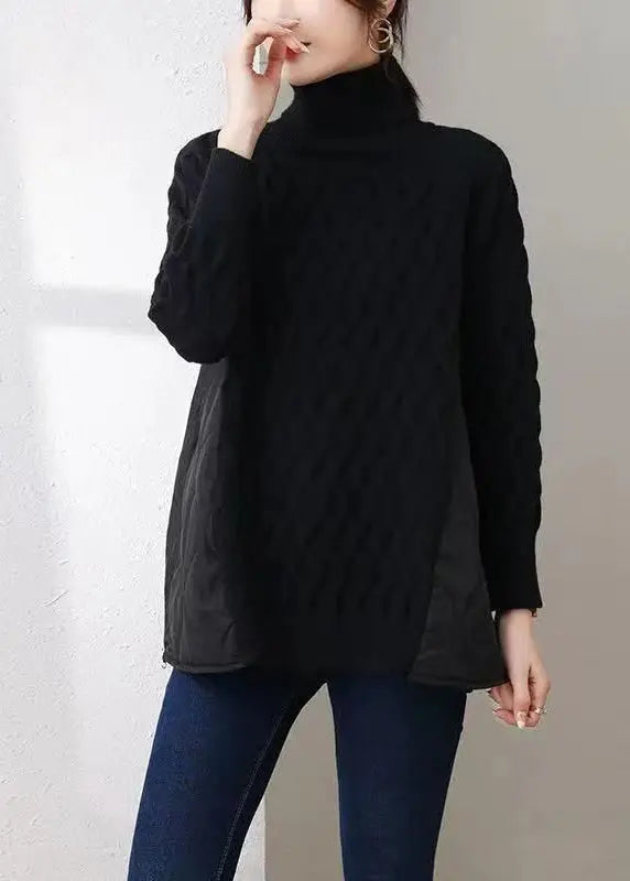 Black Thick Patchwork Knit Pullover Shirts Hign Neck Zip Up Winter Ada Fashion