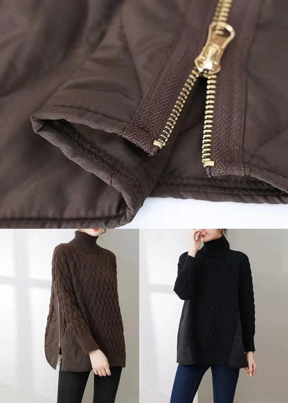 Black Thick Patchwork Knit Pullover Shirts Hign Neck Zip Up Winter Ada Fashion