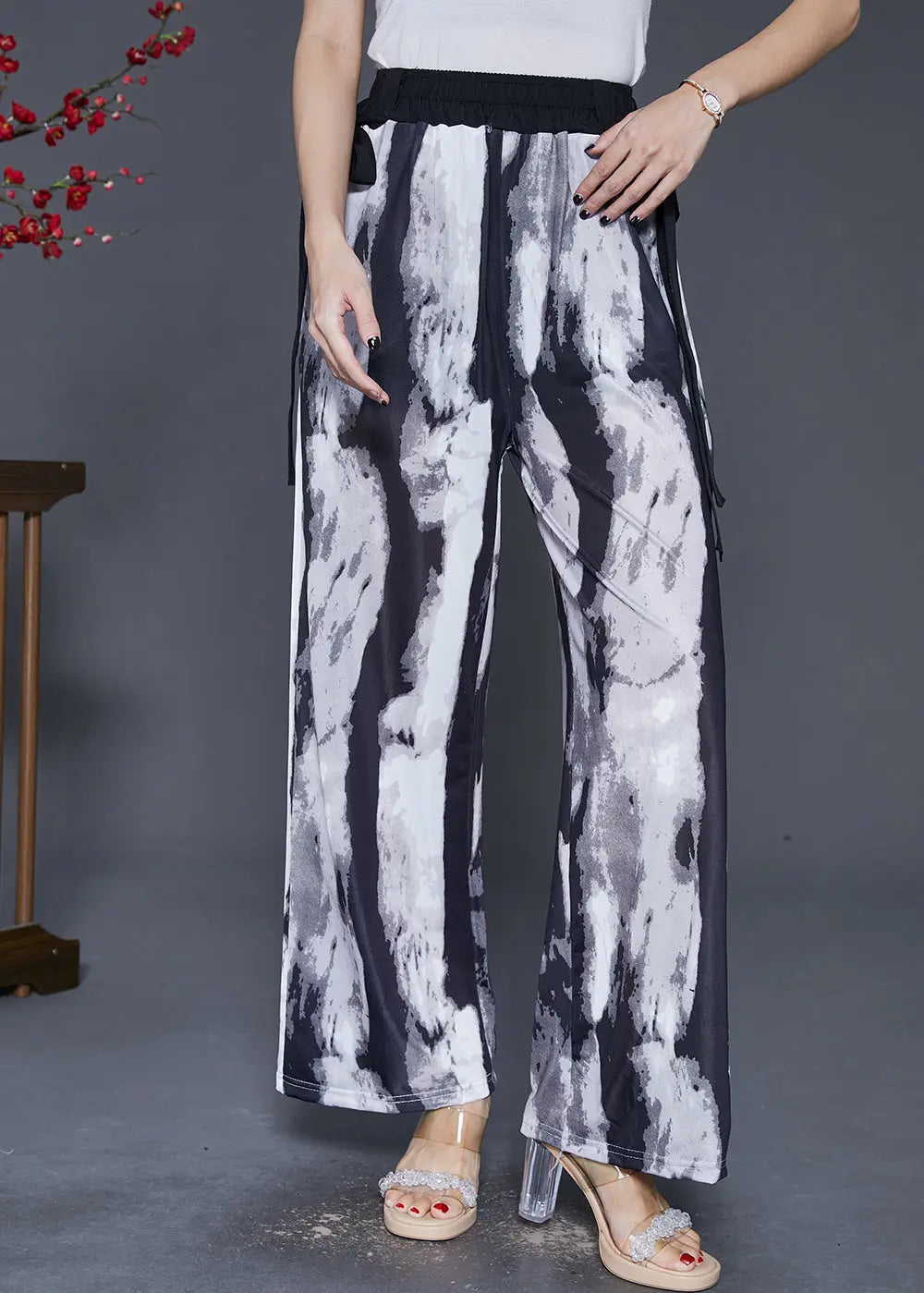 Black Tie Dye Chiffon Straight Pants Trousers Draping Fall Ada Fashion