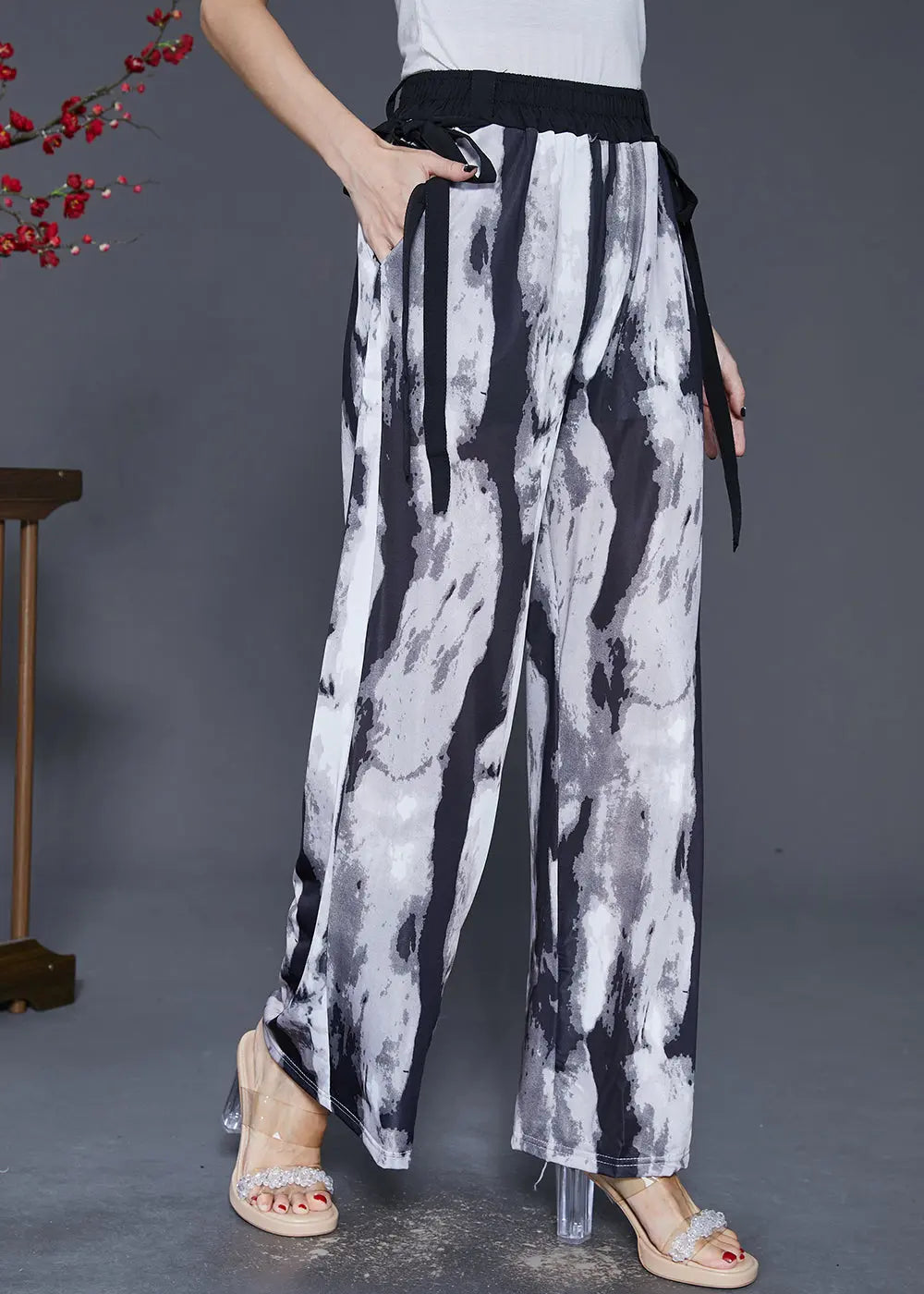 Black Tie Dye Chiffon Straight Pants Trousers Draping Fall Ada Fashion