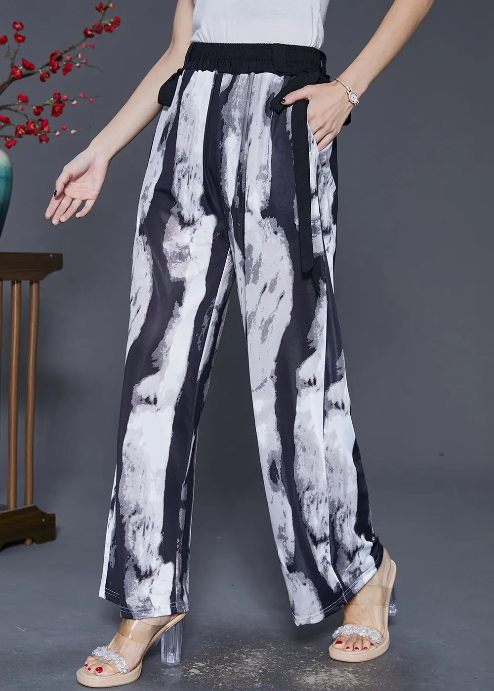 Black Tie Dye Chiffon Straight Pants Trousers Draping Fall Ada Fashion