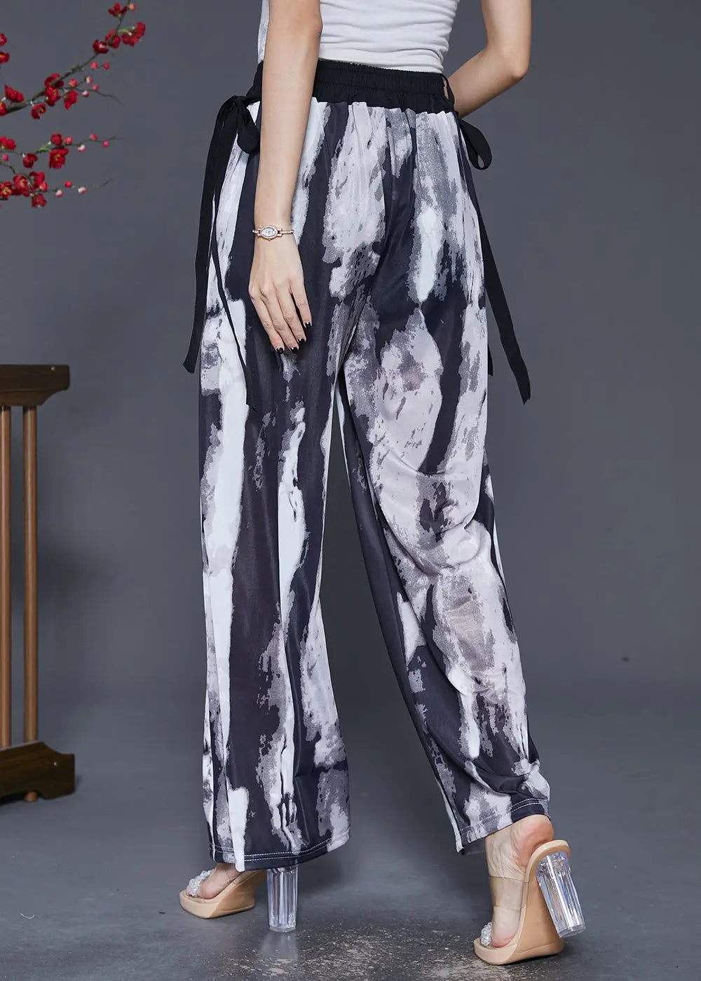 Black Tie Dye Chiffon Straight Pants Trousers Draping Fall Ada Fashion