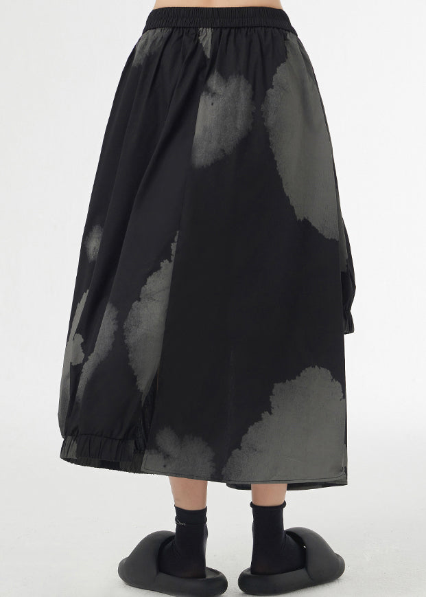 Black Tie Dye Pockets Elastic Waist Patchwork Cotton Skirt Asymmetrical Summer Ada Fashion