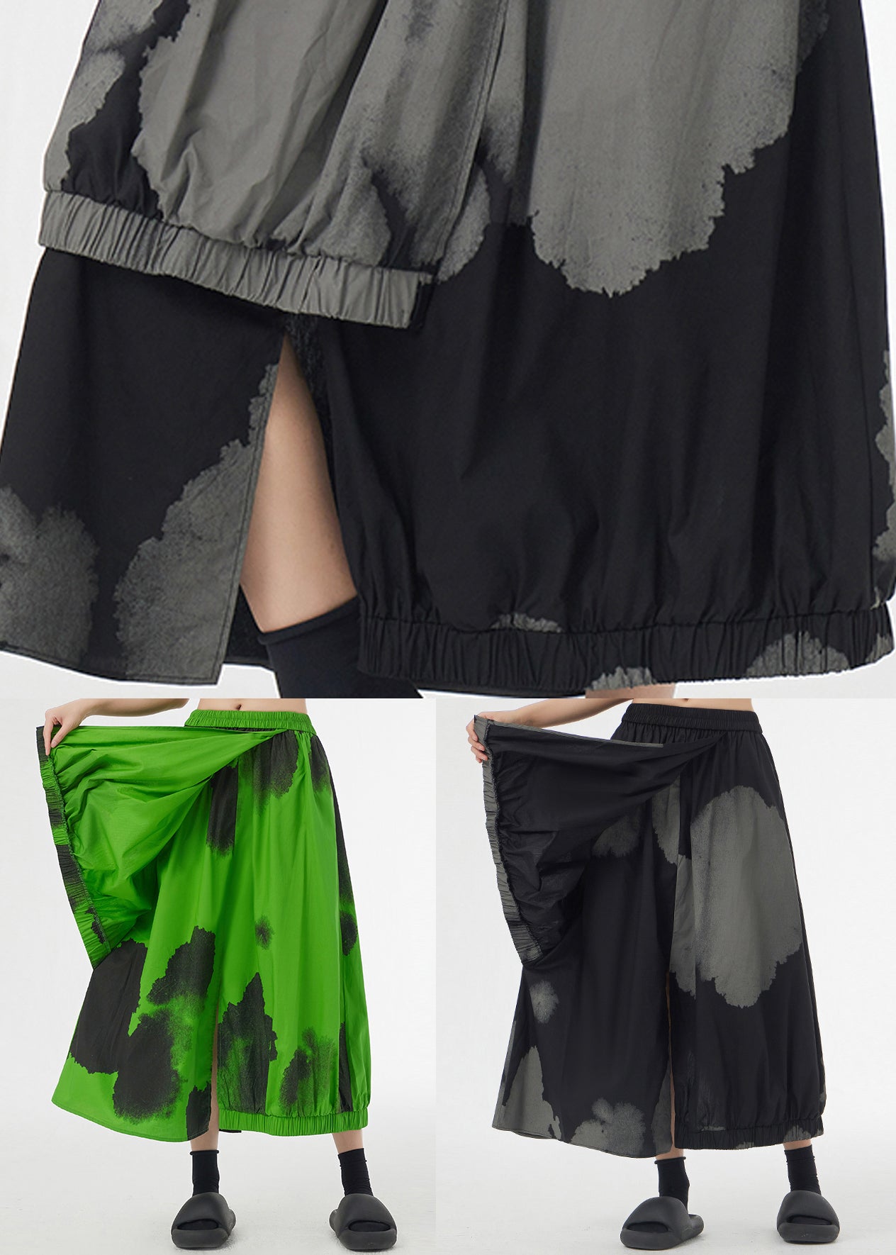 Black Tie Dye Pockets Elastic Waist Patchwork Cotton Skirt Asymmetrical Summer Ada Fashion