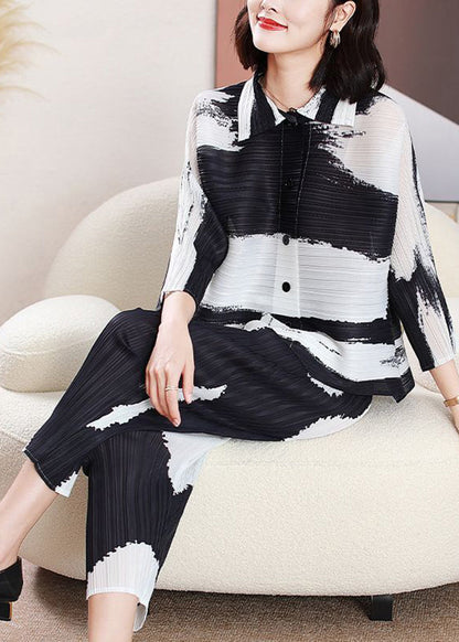 Black Tie Dye Two Piece Set Women Clothing Wrinkled Peter Pan Collar Spring LY2742 - fabuloryshop