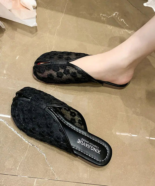 Black Tulle Slide Sandals Hollow Out Embroidery Splicing Ada Fashion