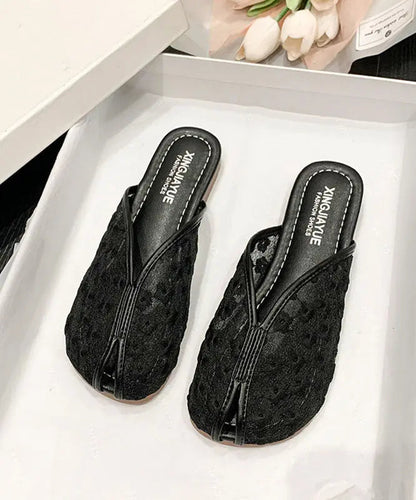 Black Tulle Slide Sandals Hollow Out Embroidery Splicing Ada Fashion