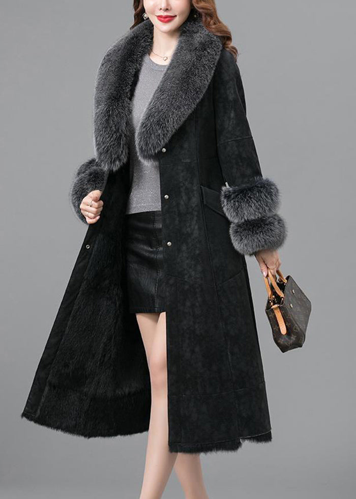 Black Warm Faux Rabbit Leather And Fur Coats Fox Collar Tie Waist Winter Ada Fashion